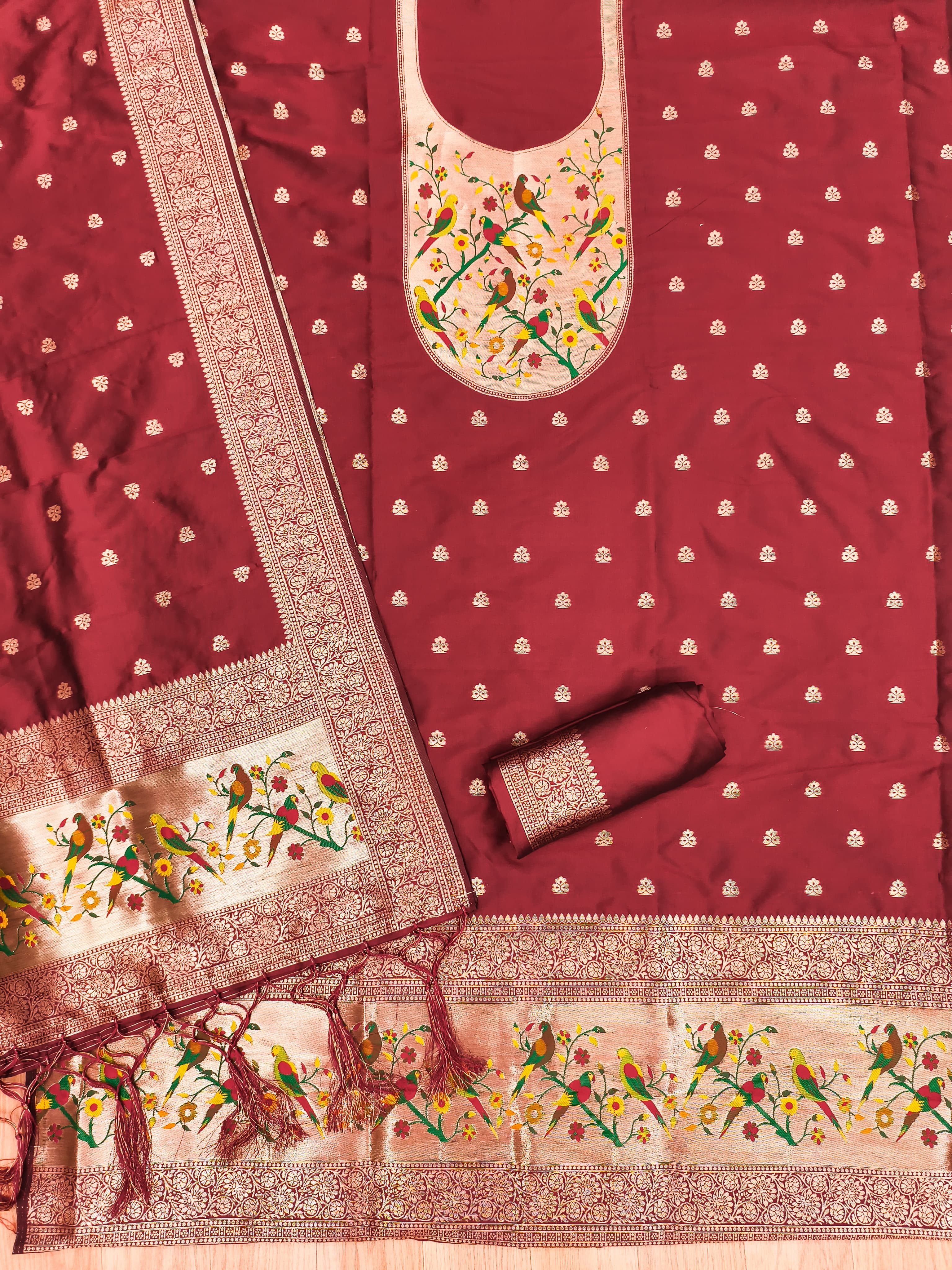 Pomegranate Color Paithani woven Pattern Top, Bottom & Dupatta Dress Material