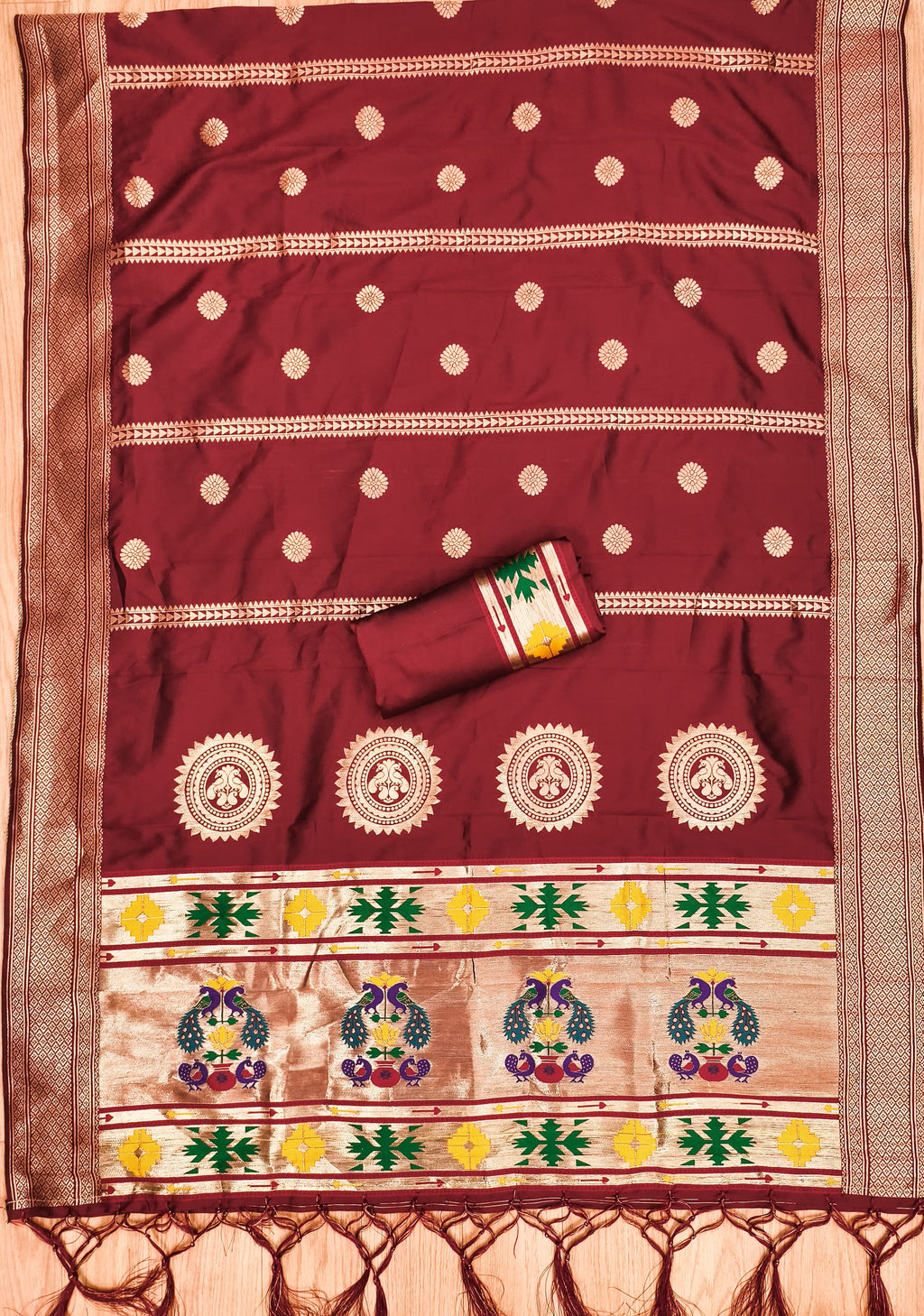 Marron Color Paithani woven Pattern Top, Bottom & Dupatta Dress Material