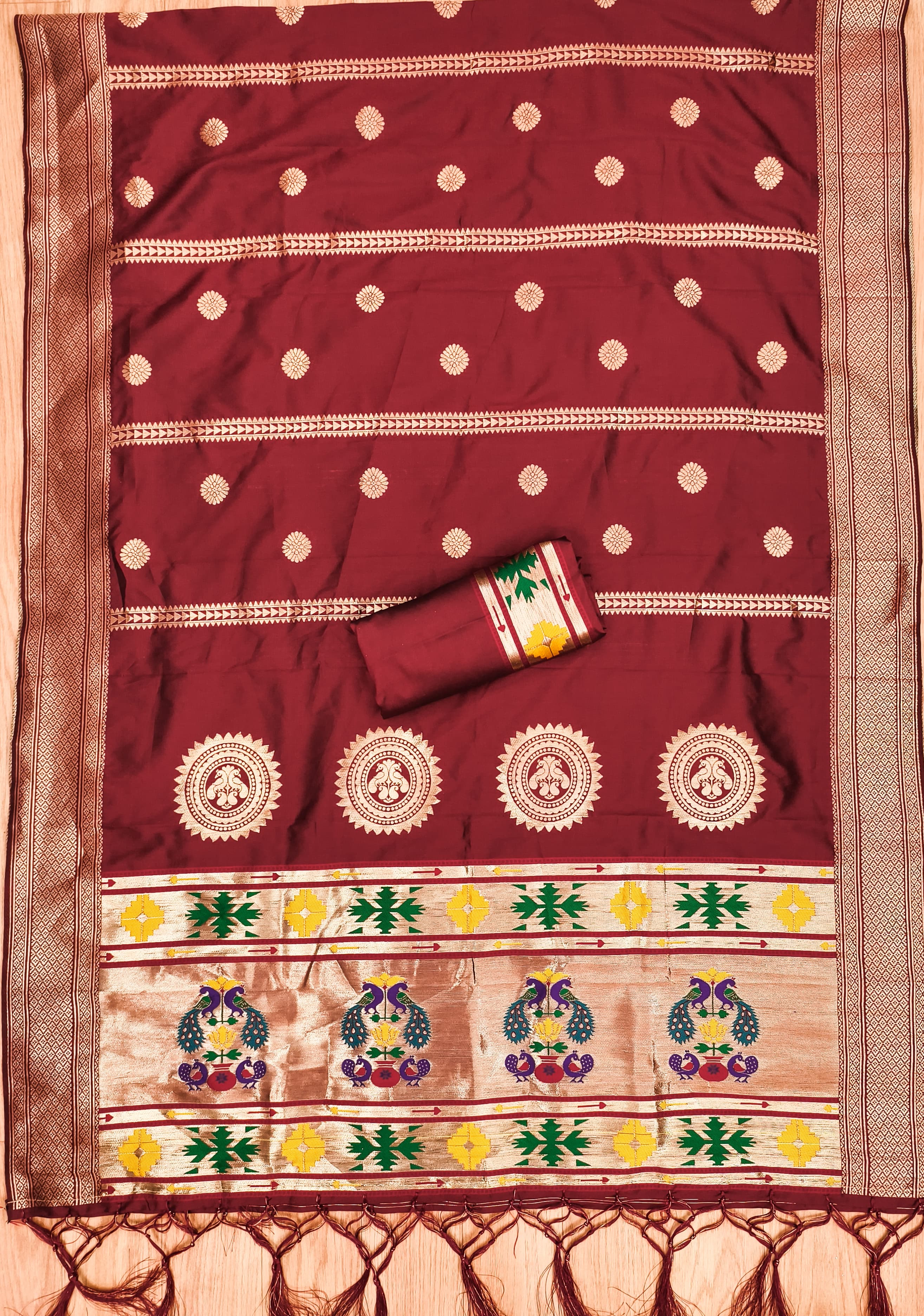 Marron Color Paithani woven Pattern Top, Bottom & Dupatta Dress Material