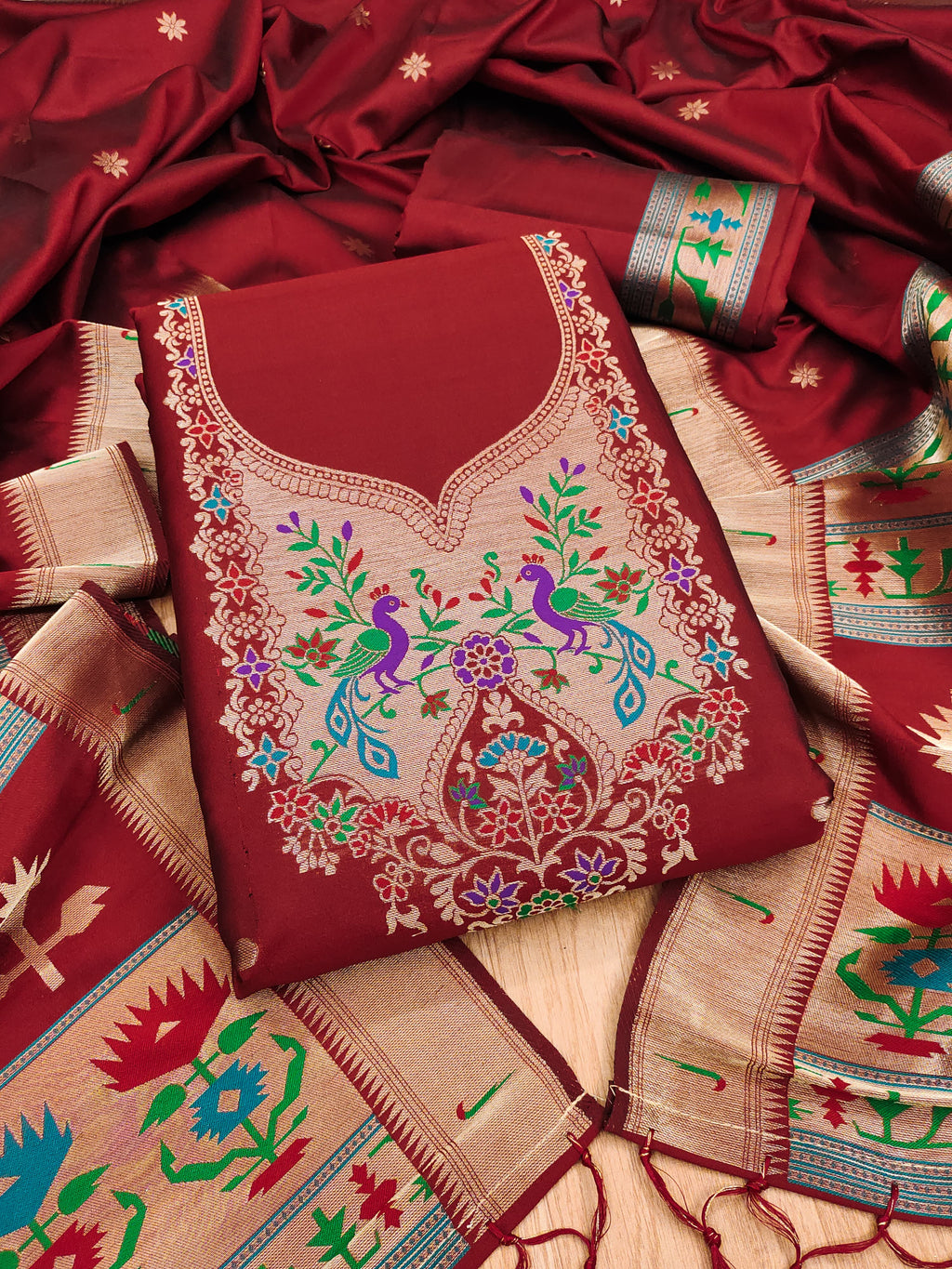 Red Color Paithani woven Pattern Top, Bottom & Dupatta Dress Material