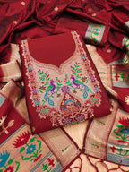 Red Color Paithani woven Pattern Top, Bottom & Dupatta Dress Material