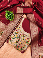 Pomegranate Color Paithani woven Pattern Top, Bottom & Dupatta Dress Material