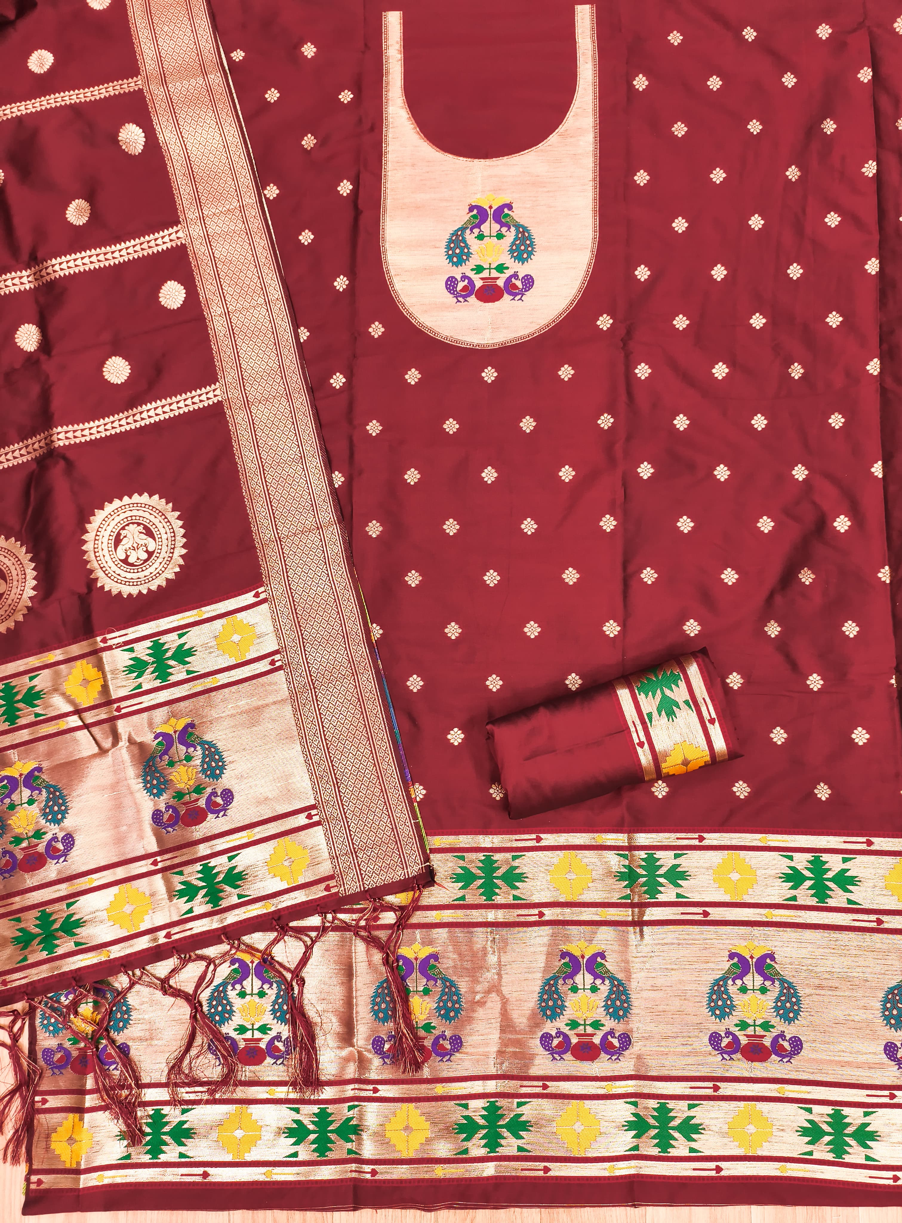 Marron Color Paithani woven Pattern Top, Bottom & Dupatta Dress Material