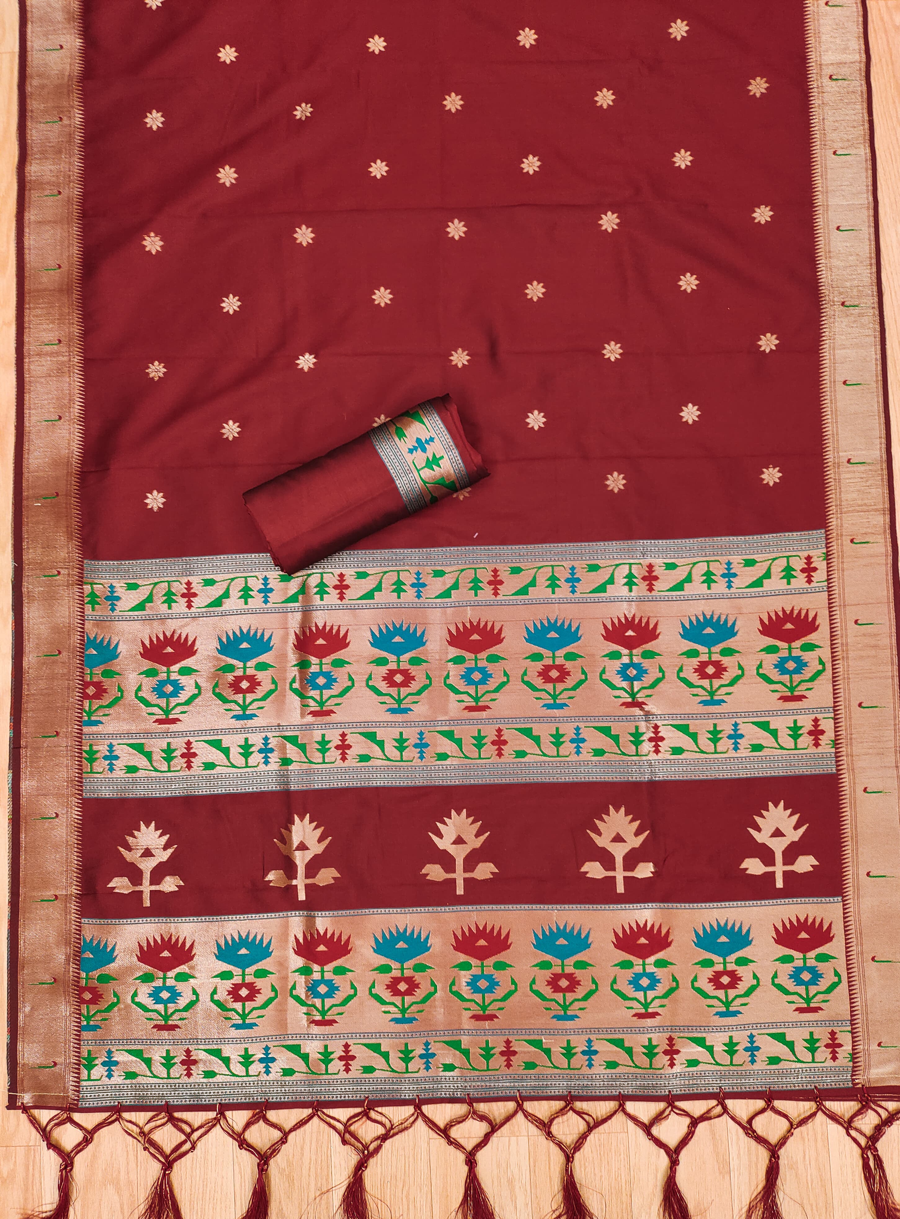 Red Color Paithani woven Pattern Top, Bottom & Dupatta Dress Material