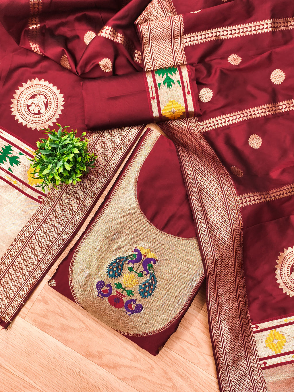 Marron Color Paithani woven Pattern Top, Bottom & Dupatta Dress Material