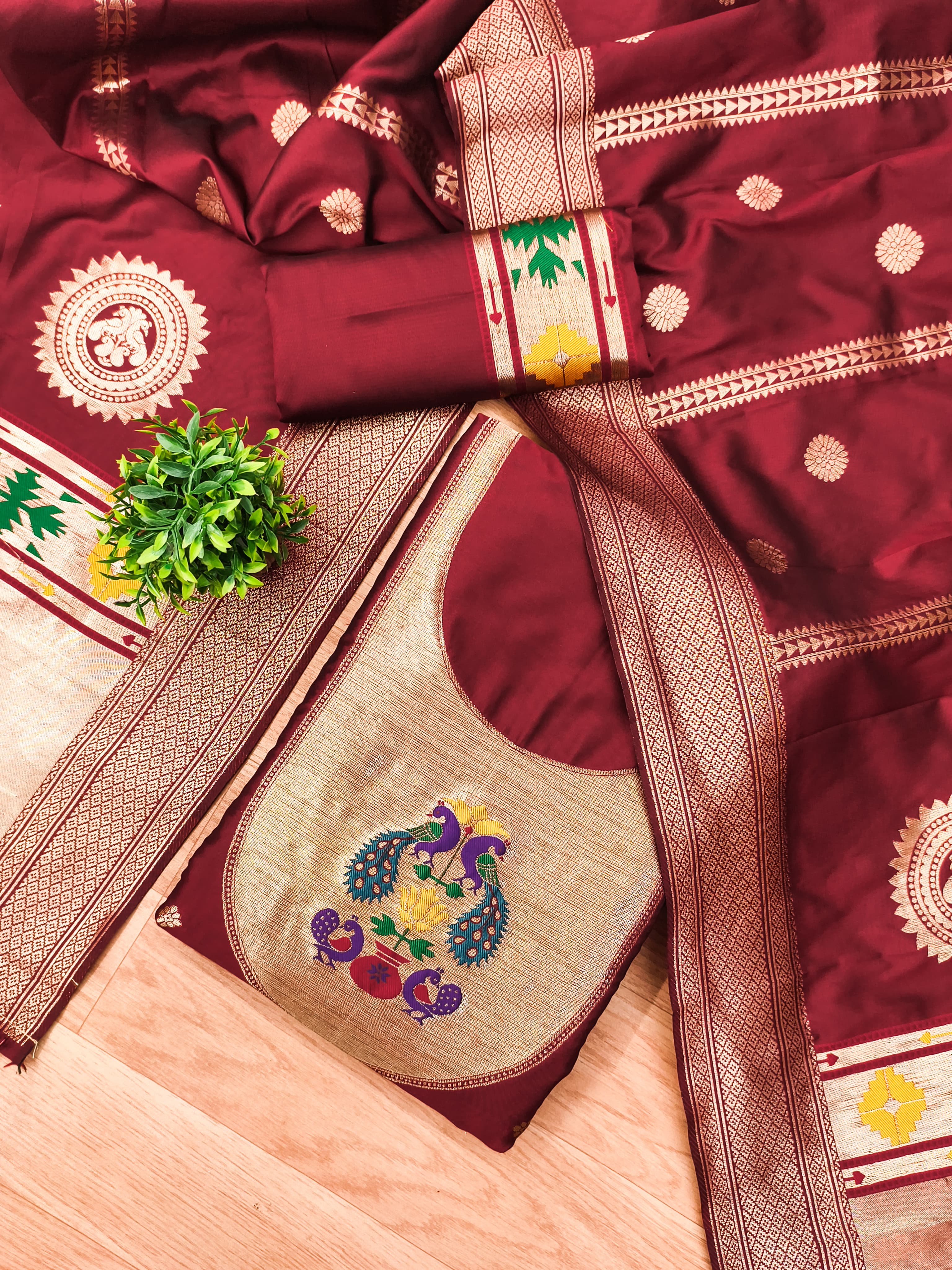 Marron Color Paithani woven Pattern Top, Bottom & Dupatta Dress Material