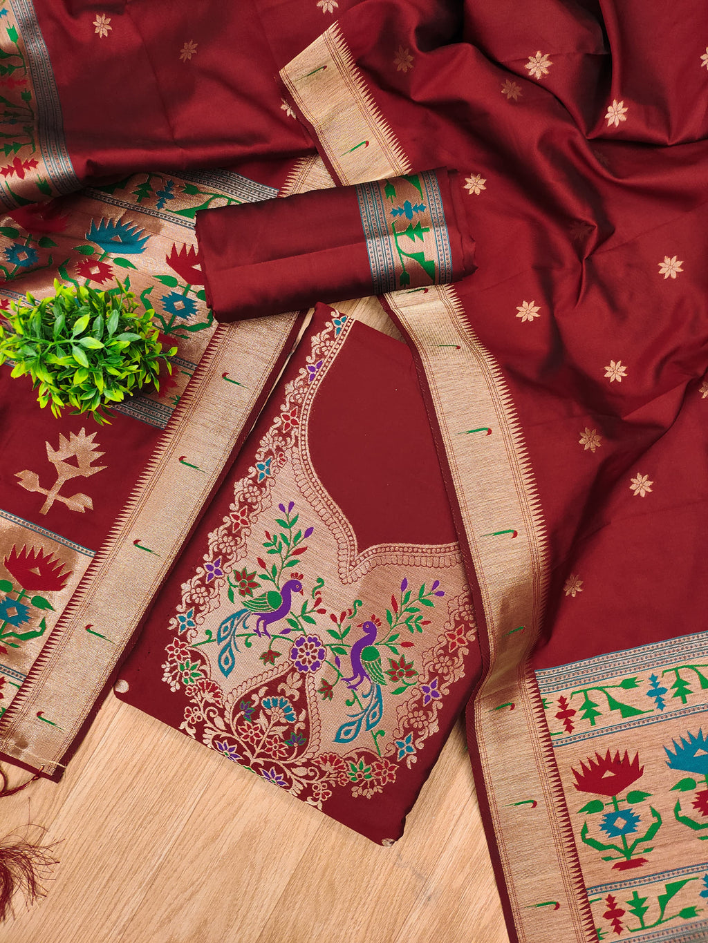 Red Color Paithani woven Pattern Top, Bottom & Dupatta Dress Material