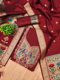 Red Color Paithani woven Pattern Top, Bottom & Dupatta Dress Material