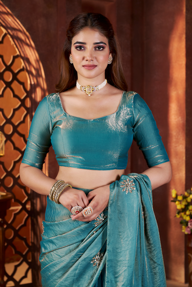 Kalikar Fandy Satin Silk Beads & Pipe Hand Work Butta UNSTITCH -Teal