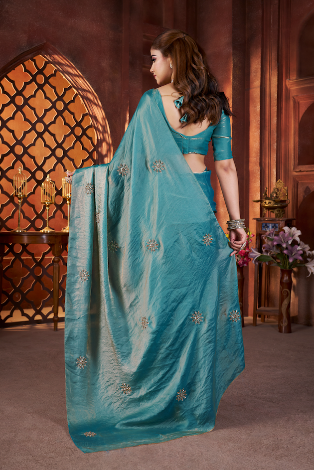 Kalikar Fandy Satin Silk Beads & Pipe Hand Work Butta UNSTITCH -Teal