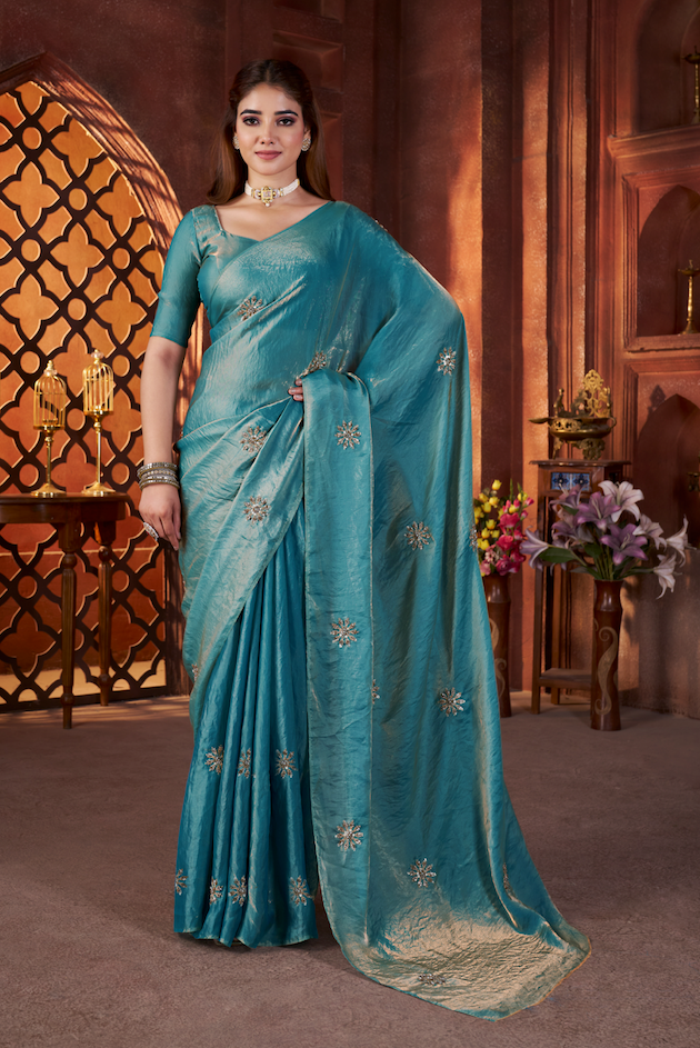 Kalikar Fandy Satin Silk Beads & Pipe Hand Work Butta UNSTITCH -Teal