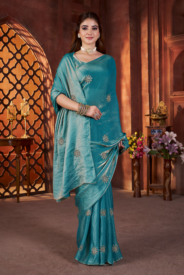 Kalikar Fandy Satin Silk Beads & Pipe Hand Work Butta UNSTITCH -Teal