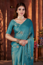 Kalikar Fandy Satin Silk Beads & Pipe Hand Work Butta UNSTITCH -Teal