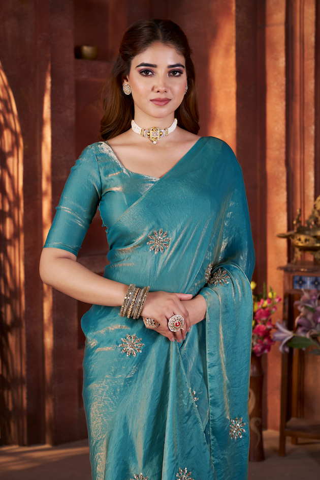 Kalikar Fandy Satin Silk Beads & Pipe Hand Work Butta UNSTITCH -Teal