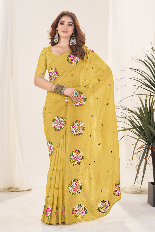 Kalikar Vastraa Gold Crush Malti Color Thread Work Haldi Yellow