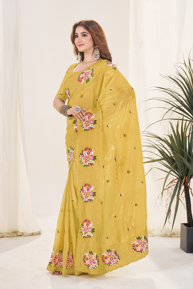 Kalikar Vastraa Gold Crush Malti Color Thread Work Haldi Yellow