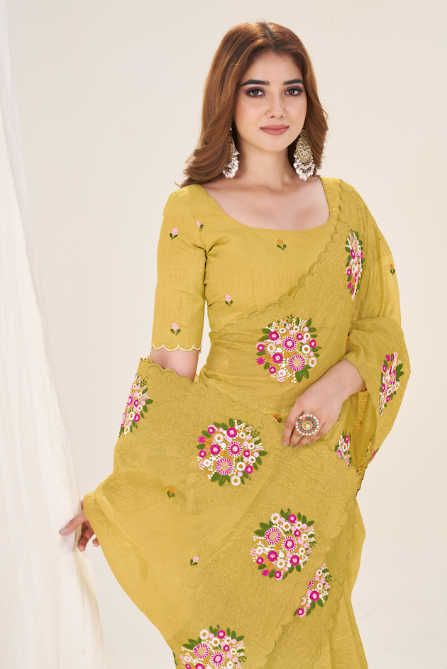 Kalikar Vastraa Gold Crush Malti Color Thread Work Haldi Yellow