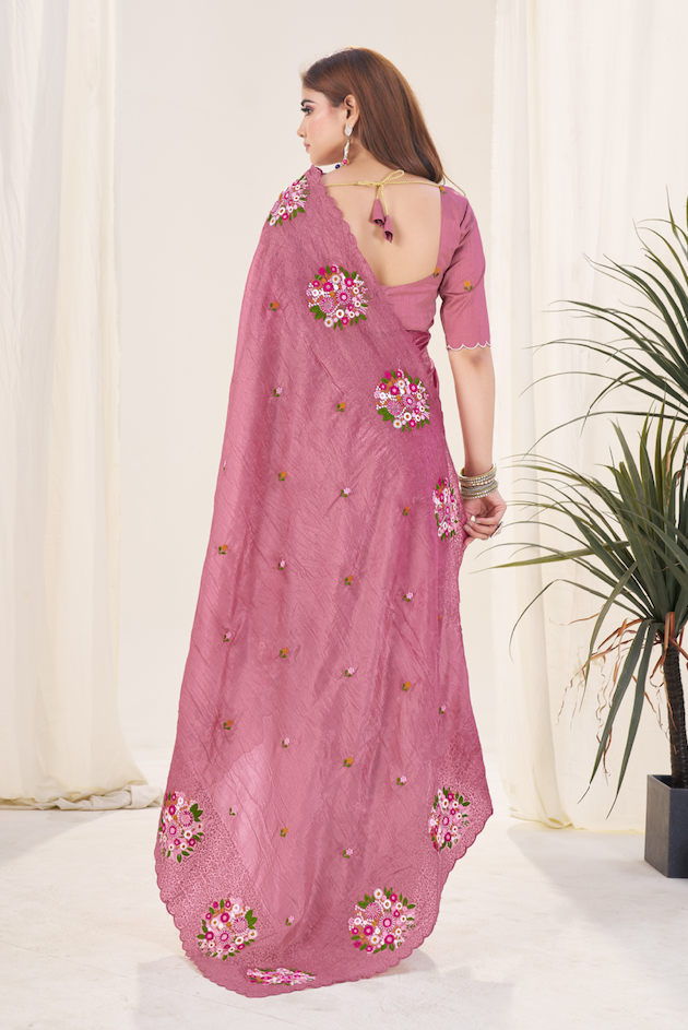 Kalikar Vastraa Gold Crush Malti Color Thread Work Pestal Crimson