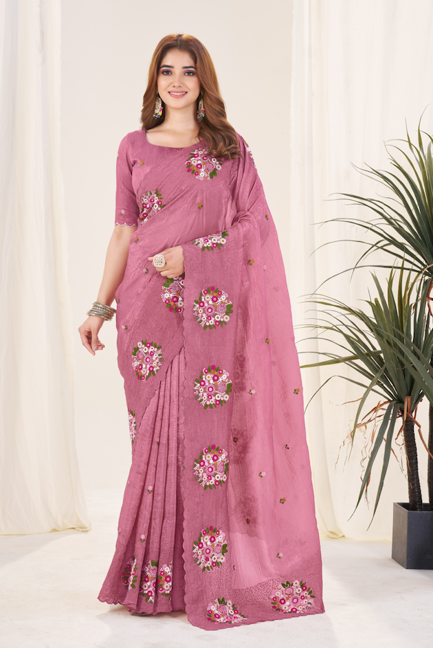 Kalikar Vastraa Gold Crush Malti Color Thread Work Pestal Crimson