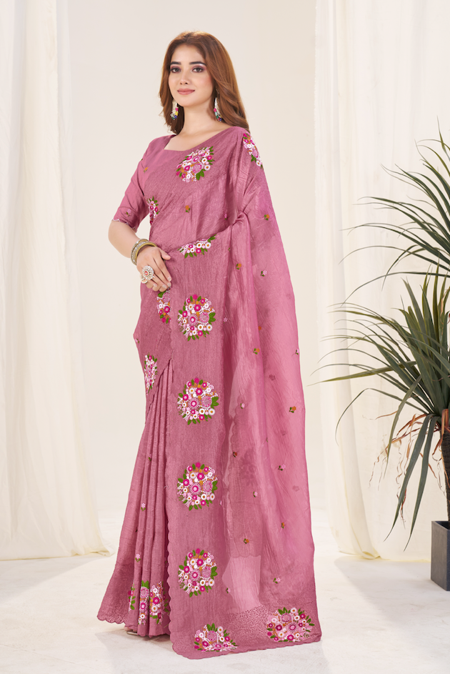 Kalikar Vastraa Gold Crush Malti Color Thread Work Pestal Crimson