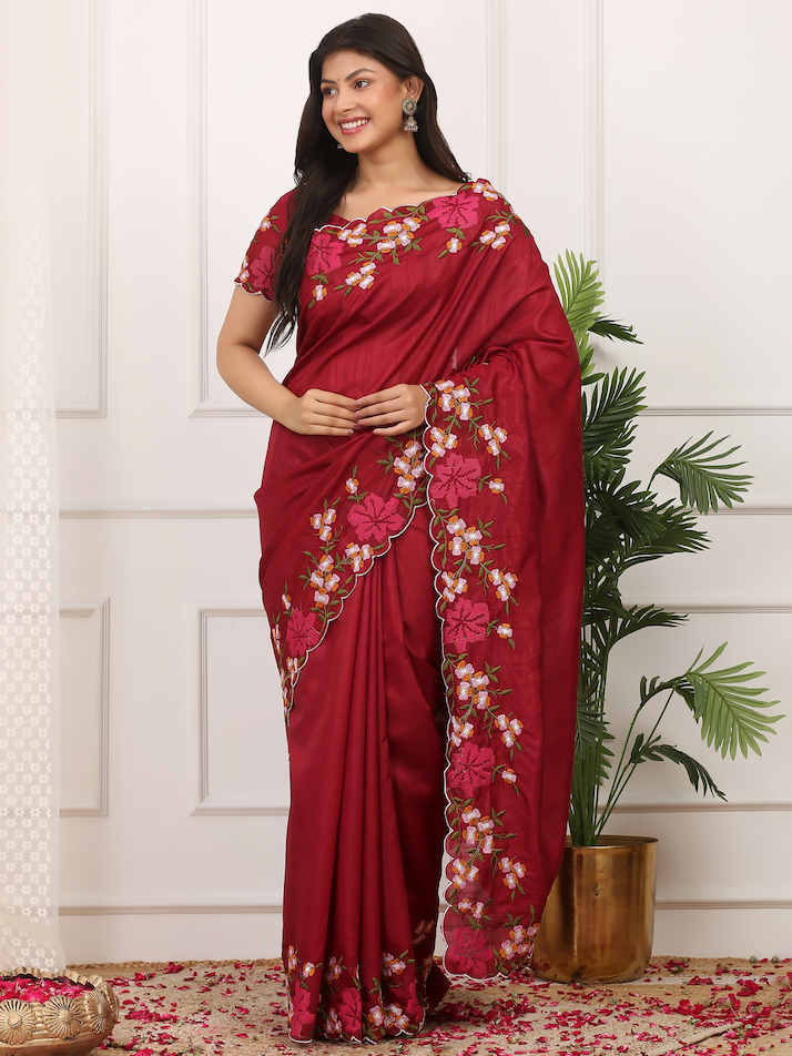 Kalikar Onam Manipuri Silk Beautiful Malti Color Thread Work on Border with Cutwork Red