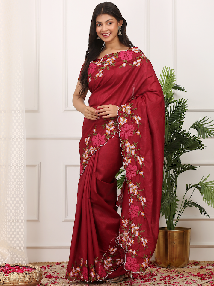 Kalikar Onam Manipuri Silk Beautiful Malti Color Thread Work on Border with Cutwork Red