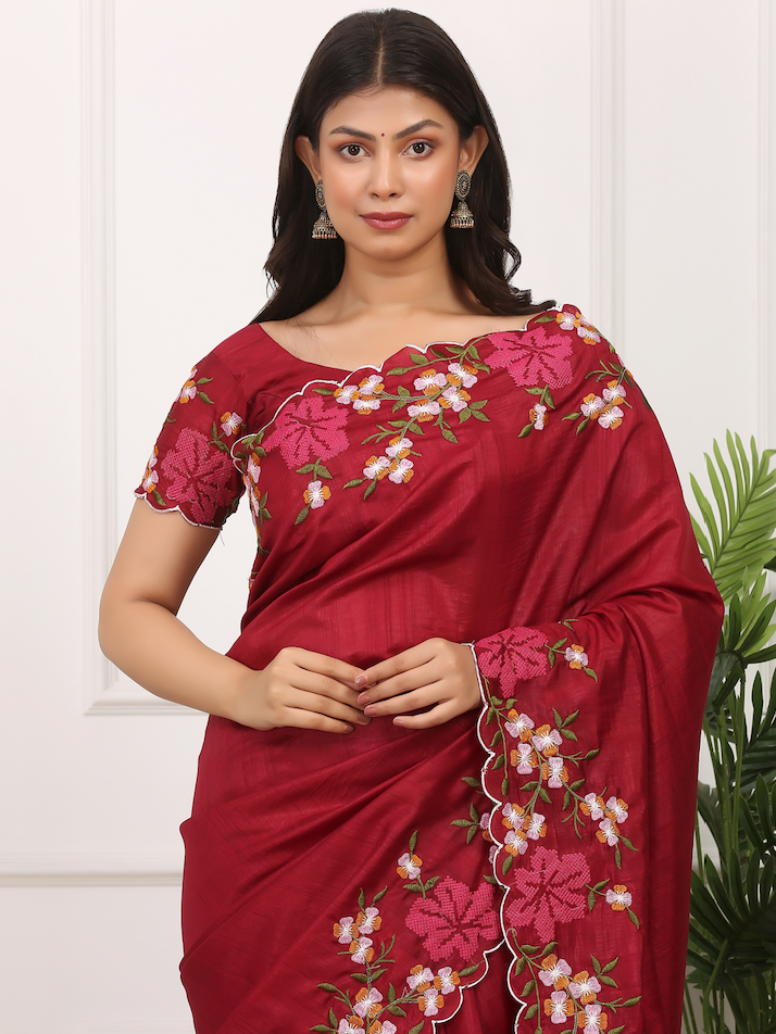 Kalikar Onam Manipuri Silk Beautiful Malti Color Thread Work on Border with Cutwork Red