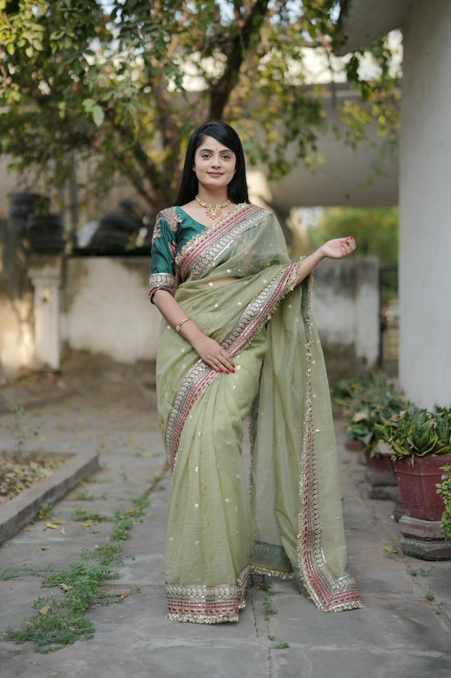Kalikar Heavy Twilve banarasi crush Fark Laces Border Green Mengo- Pista