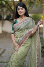 Kalikar Heavy Twilve banarasi crush Fark Laces Border Green Mengo- Pista
