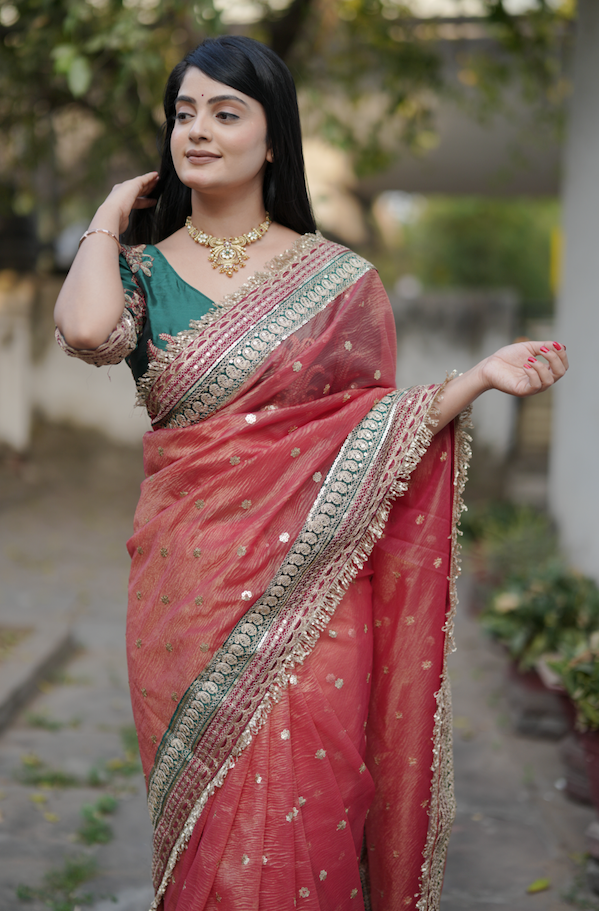 Kalikar Heavy Twilve banarasi crush Fark Laces Border Green Mengo- Red Pink