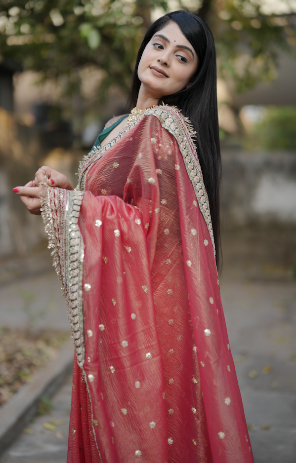 Kalikar Heavy Twilve banarasi crush Fark Laces Border Green Mengo- Red Pink