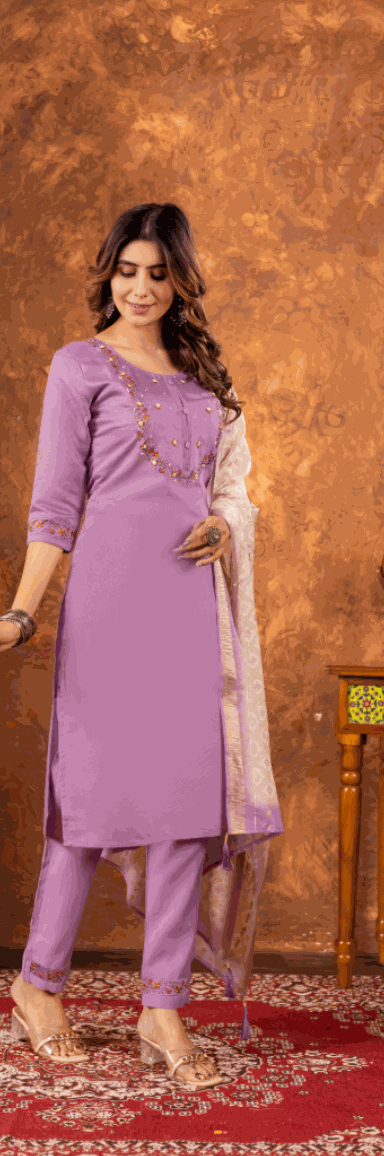 Elegant Straight Kurti Pant Dupatta Set - Violet Kalikar
