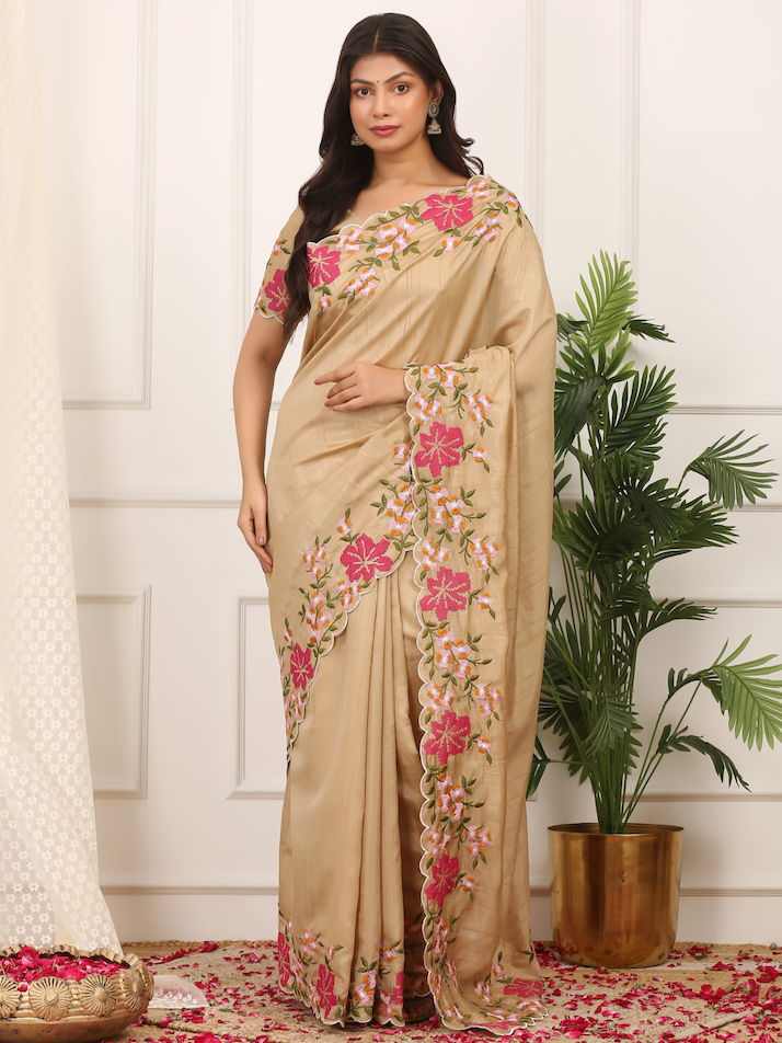 Kalikar Onam Manipuri Silk Beautiful Malti Color Thread Work on Border with Cutwork Beige