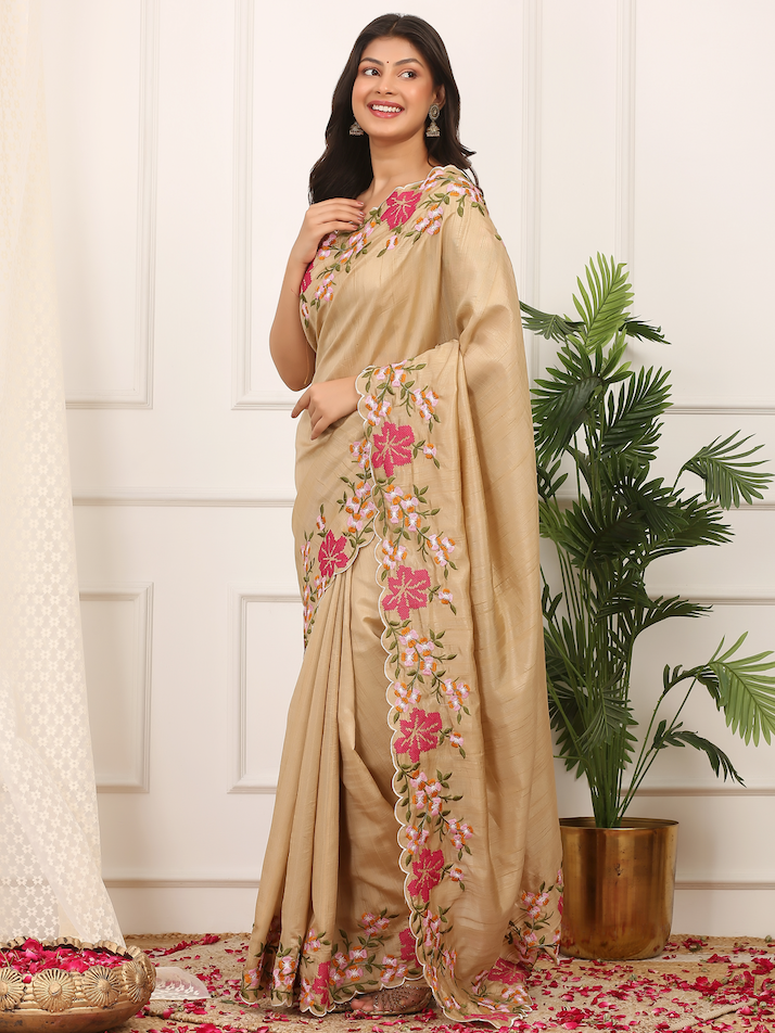 Kalikar Onam Manipuri Silk Beautiful Malti Color Thread Work on Border with Cutwork Beige