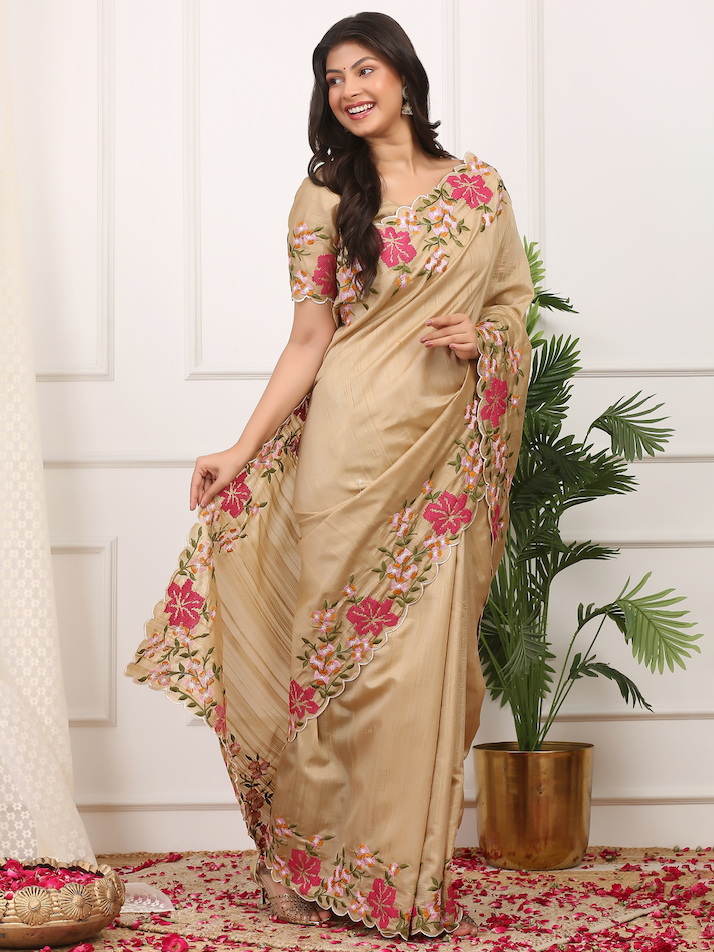 Kalikar Onam Manipuri Silk Beautiful Malti Color Thread Work on Border with Cutwork Beige