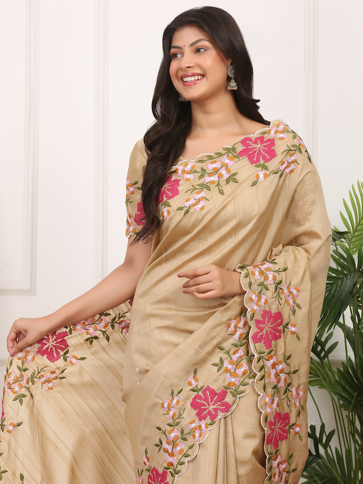 Kalikar Onam Manipuri Silk Beautiful Malti Color Thread Work on Border with Cutwork Beige