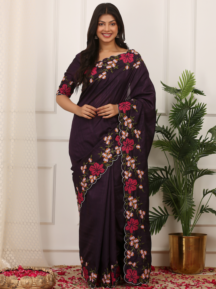 Kalikar Onam Manipuri Silk Beautiful Malti Color Thread Work on Border with Cutwork Luxurious Purple