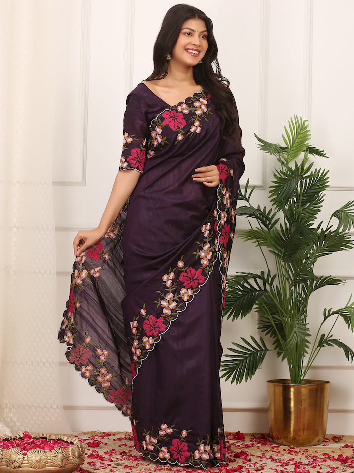 Kalikar Onam Manipuri Silk Beautiful Malti Color Thread Work on Border with Cutwork Luxurious Purple