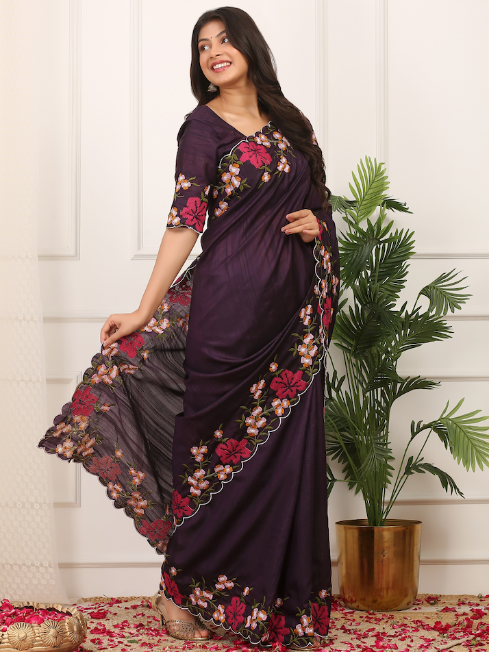 Kalikar Onam Manipuri Silk Beautiful Malti Color Thread Work on Border with Cutwork Luxurious Purple