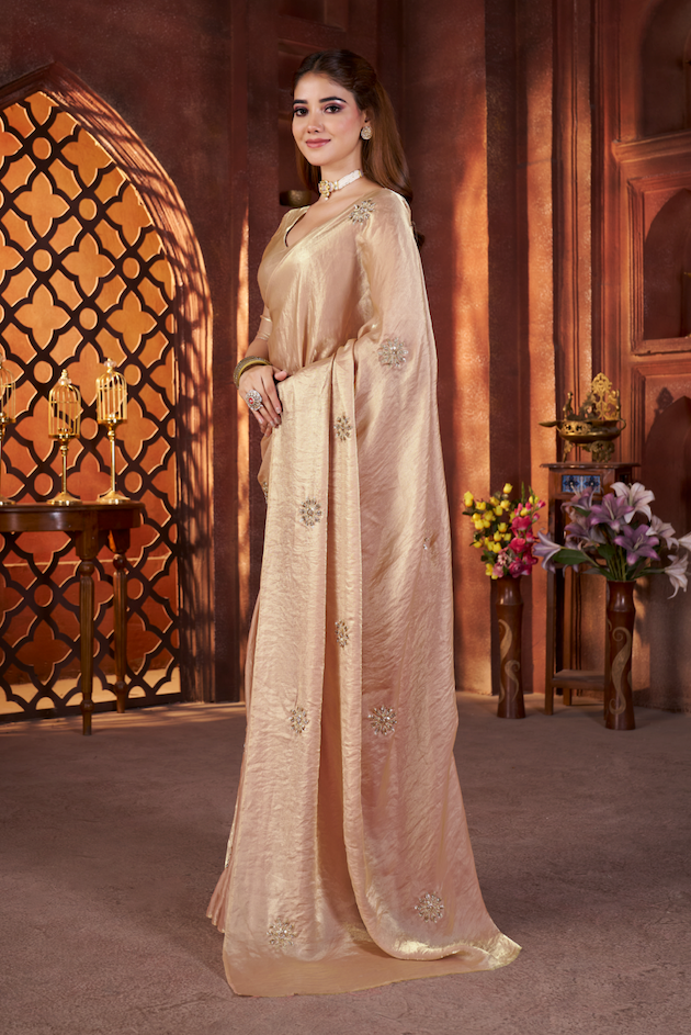 Kalikar Fandy Satin Silk Beads & Pipe Hand Work Butta UNSTITCH -Light Bronze 6018