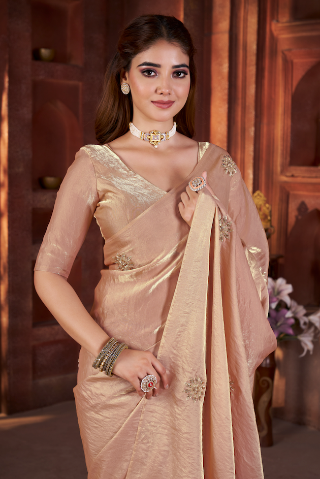 Kalikar Fandy Satin Silk Beads & Pipe Hand Work Butta UNSTITCH -Light Bronze 6018