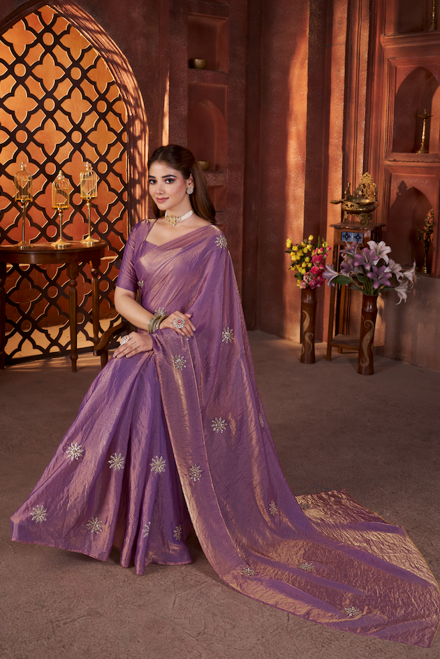 Kalikar Fandy Satin Silk Beads & Pipe Hand Work Butta UNSTITCH -Purple 6018