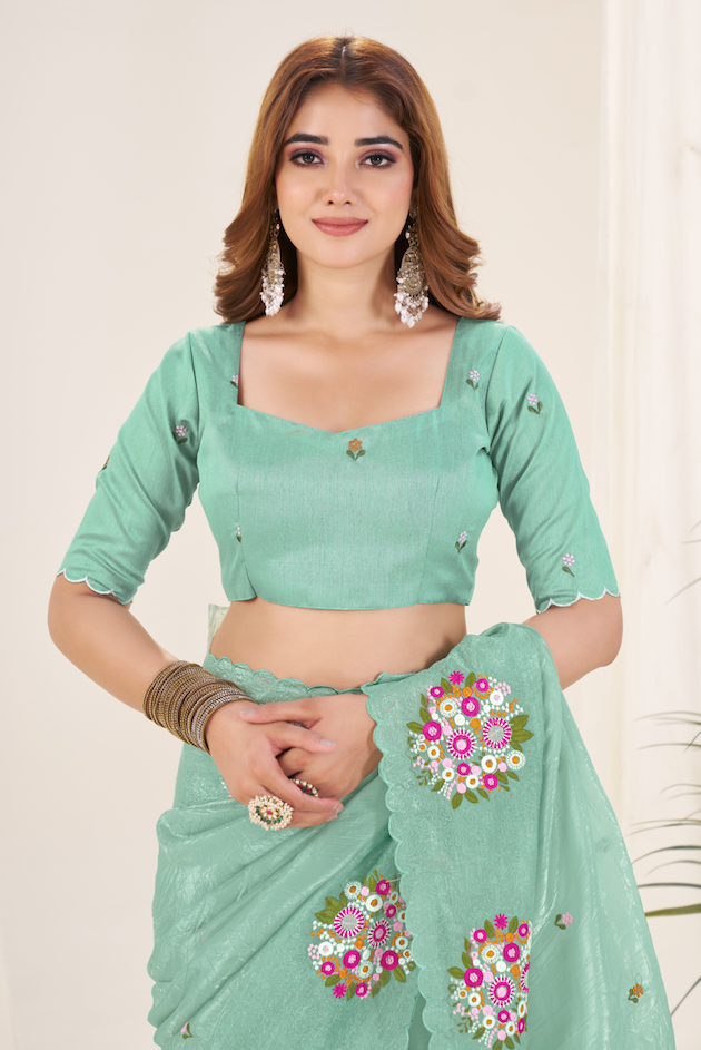 Kalikar Vastraa Gold Crush Malti Color Thread Work Misty Jade-6026