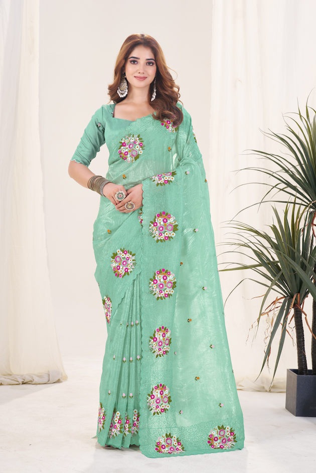 Kalikar Vastraa Gold Crush Malti Color Thread Work Misty Jade-6026