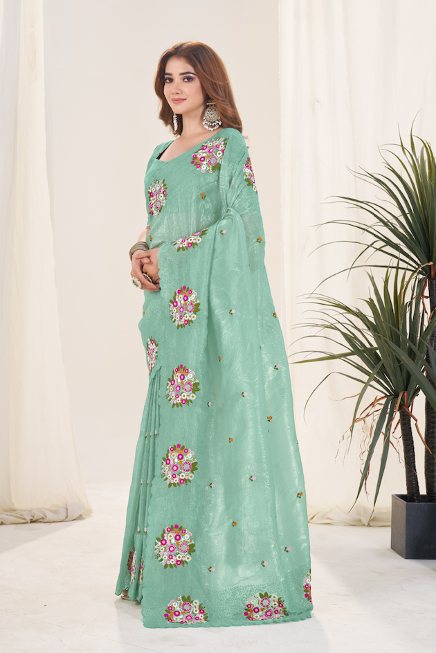 Kalikar Vastraa Gold Crush Malti Color Thread Work Misty Jade-6026