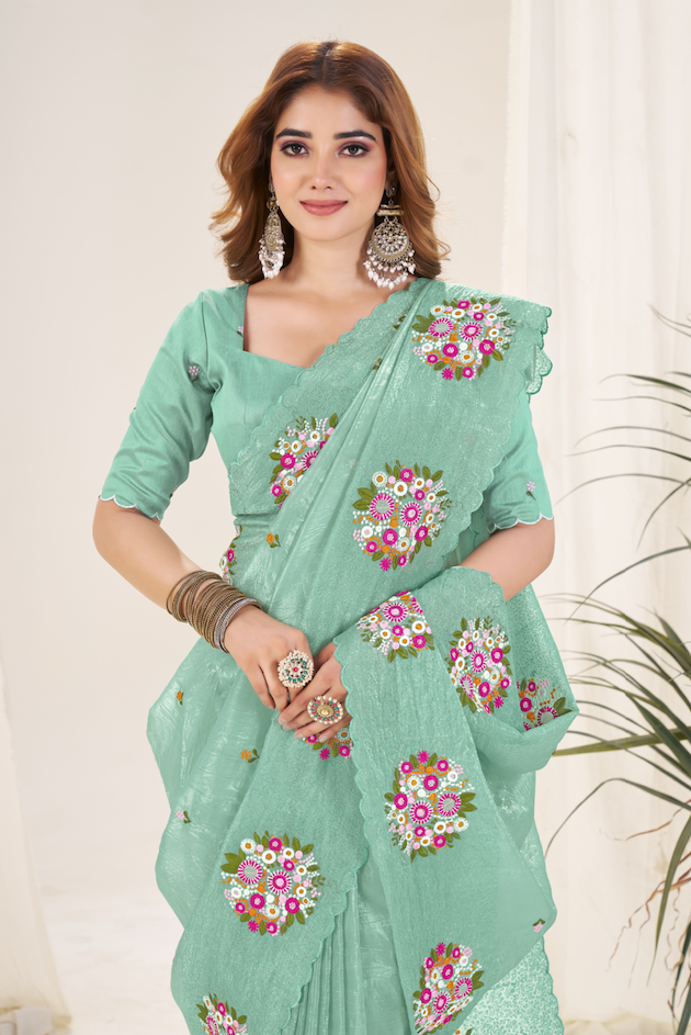 Kalikar Vastraa Gold Crush Malti Color Thread Work Misty Jade-6026