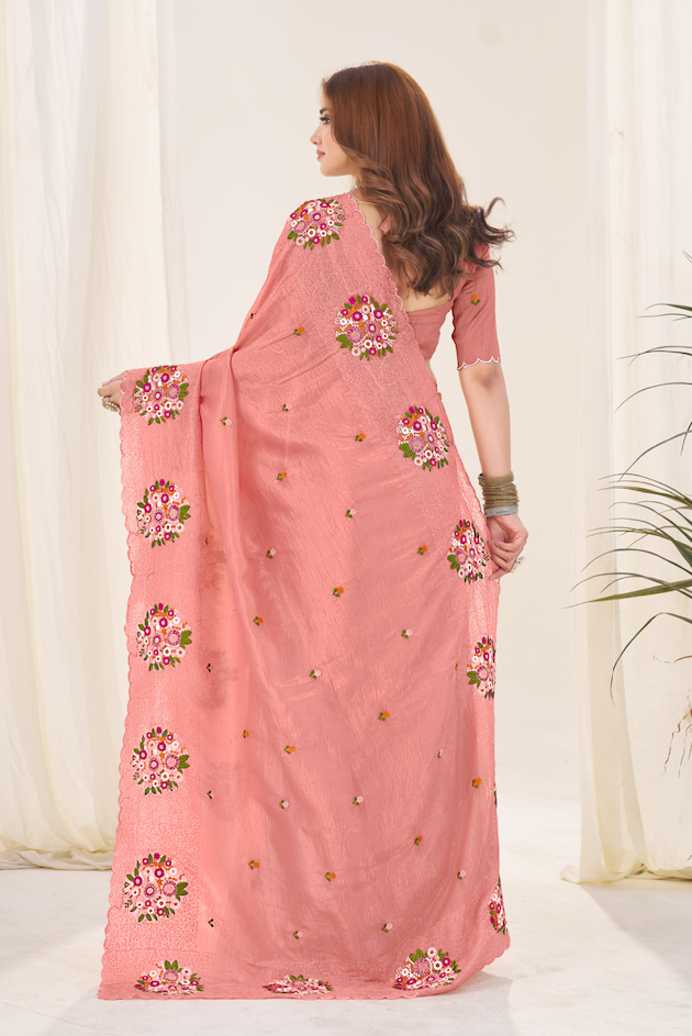 Kalikar Vastraa Gold Crush Malti Color Thread Work Light Orange