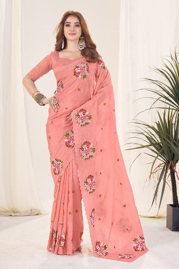 Kalikar Vastraa Gold Crush Malti Color Thread Work Light Orange