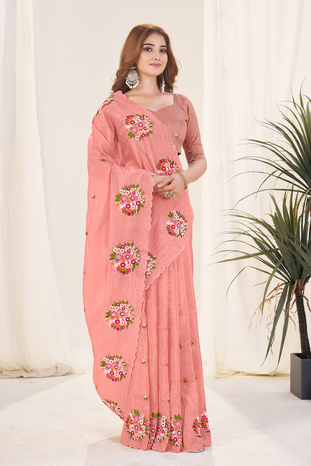 Kalikar Vastraa Gold Crush Malti Color Thread Work Light Orange