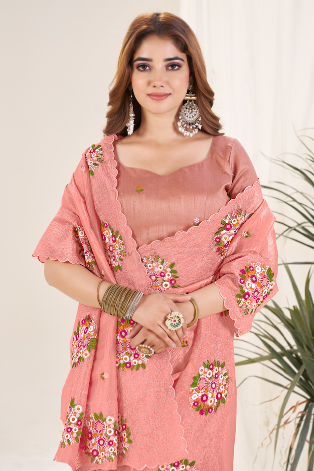 Kalikar Vastraa Gold Crush Malti Color Thread Work Light Orange